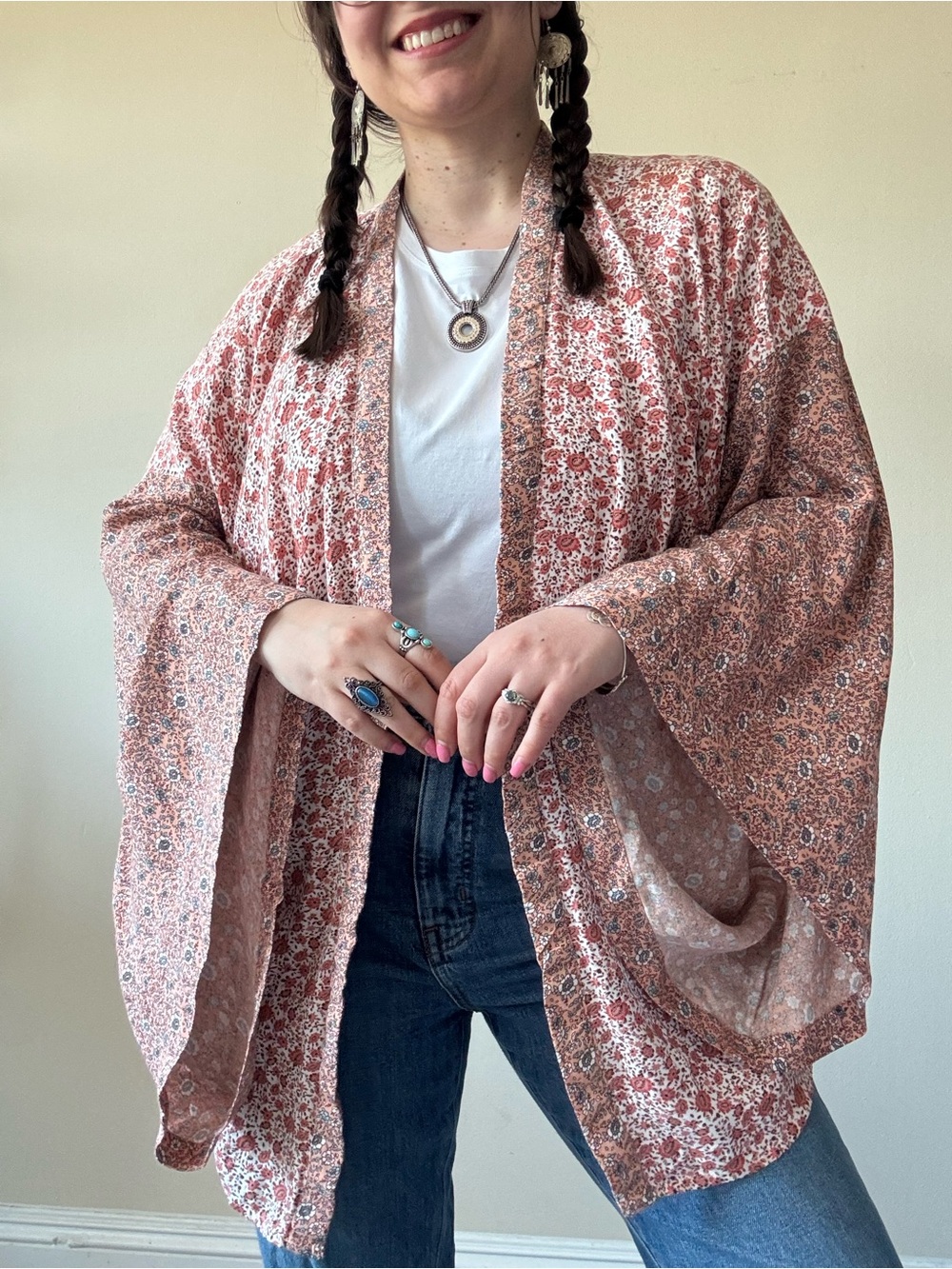 Sim & Sam Floral Open Kimono Cardigan in Dusty Rose